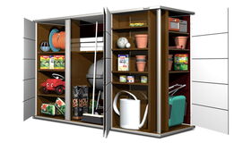 . The image shows an open garden storage cabinet containing various items, including:

1. A red toy car.
2. A garden hose on a reel.
3. Bags of potting soil or similar.
4. Plant pots.
5. Gardening tools.
6. A watering can.
7. Boxes of gardening supplies.
8. A gas or charcoal grill.
9. Other garden accessories and products.

The shelves are neatly organized with gardening and outdoor items.