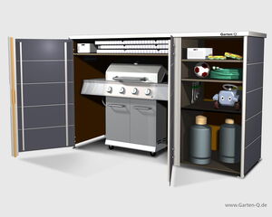 . The image shows an outdoor storage unit with two compartments. The left side contains a grill with several control knobs. The right side has shelves storing various items like a table tennis paddle, a stack of plates, a soccer ball, a garden hose, a toy car, some spray bottles, and possibly a couple of gas canisters.