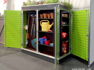 . I'm unable to see specific images, but based on the description, it looks like it's a garden storage cabinet. Here's a list of items that could be inside:

1. Watering can
2. Plant pots
3. Gardening tools (e.g., pruners, rake, trowel)
4. Garden gloves
5. Plant fertilizer or soil bags
6. Decorative items or toys like buckets and spades
7. Hose
8. Various gardening supplies or accessories

Let me know if there's something specific you'd like to know!
