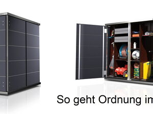 . The image shows a garden storage shed with two different views. On the left, the shed is closed, displaying its sleek, dark gray exterior. On the right, the shed is open, revealing neatly organized gardening tools, equipment, and other items inside. The text on the image reads "So geht Ordnung im Gartenhaus!" which translates to "This is how order is done in the garden shed!"