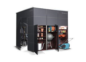 . This image shows a modern garden storage shed labeled "Garten Q." It features multiple compartments with various garden tools and items organized neatly. On the left is a bicycle. The middle compartments contain flower pots, a hose, a charcoal grill, and a watering can. The right side stores a children's toy car, paint cans, and a lawn mower. The shed has a sleek, contemporary design with dark panels.