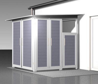 The image depicts a modern outdoor shed or enclosure attached to a building. It has a sleek design with vertical paneling and a flat roof. It appears to have multiple doors with handles, possibly for access to storage or garbage bins. The structure is situated on a paved surface.