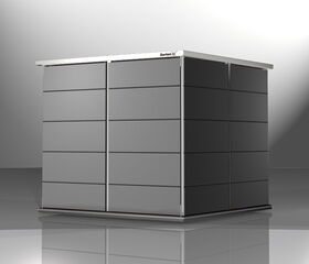. The image shows a modern, sleek outdoor storage unit with a minimalist design. It has a flat roof and smooth surface panels, possibly made of metal or another durable material. The structure is likely used for storing garden tools or other outdoor equipment.