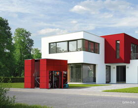 Modernes zweistöckiges Haus mit rot-weißer Fassade und rotem Gartenschuppen, umgeben von Grün.