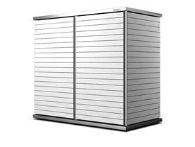 The image shows a modern, rectangular garden storage unit or shed. It has a sleek and minimalistic design with horizontal silver paneling and a flat top. There are two large sliding doors on the front. The unit appears sturdy and is likely used for outdoor storage purposes.