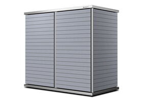 Ein grauer Gartenschrank mit zwei Türen und horizontalen Linien.