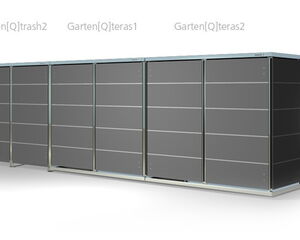 . The image shows a series of modular storage units labeled "Garten[Q]trash2," "Garten[Q]teras1," and "Garten[Q]teras2." These units appear to be designed for outdoor use, possibly serving purposes like trash storage or general outdoor storage solutions. They have a sleek, modern design with a gray finish.