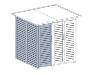The image shows an illustration of a garden shed. The shed has a slanted roof and features vertical slatted panels on its sides and doors.
