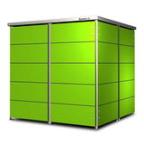 I'm unable to identify specific products in images. This image shows a green storage structure that appears to be made of a series of metal panels, possibly a garden shed or outdoor storage box. It has a modern design with a flat roof and seems to be quite sturdy.