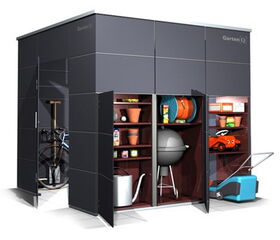 The image shows a storage shed with open compartments containing various items:

1. A bicycle on the left side.
2. Garden tools and items such as pots, fertilizer, and a watering can in the middle compartments.
3. A barbecue grill.
4. Various household items like a hose reel and storage boxes.
5. A lawn mower or garden cart in front on the right side.

The shed appears to be neatly organized for efficient storage.