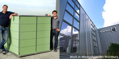 The image is split into two sections. On the left, there are two men standing next to a large green rectangular structure. On the right, there is a modern building with glass windows, and the text "Garten[Q]" is visible on the building. The caption at the bottom says "Werk in Wiesenbonn bei Würzburg."