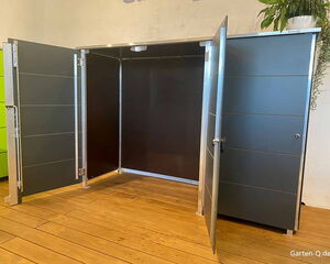 . Grauer Schrank mit drei geöffneten Türen, Holzfußboden, Pflanze oben.