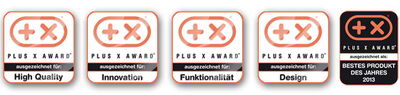 The image displays a series of awards from "Plus X Award." The awards are labeled as follows:

1. High Quality
2. Innovation
3. Funktionalität (Functionality)
4. Design

Additionally, there's a separate award indicating "Bestes Produkt des Jahres 2013" (Best Product of the Year 2013).