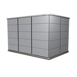 The image shows a gray, rectangular metal storage unit or cabinet with multiple panels. It has a sleek, modern design with horizontal lines and appears to be robust, likely used for storage purposes.