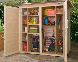This image shows the interior of a garden shed. The shed includes:

- Shelves containing pots, gardening tools, and cleaning supplies.
- A hose or pressure washer.
- A stack of folded towels or cloths.
- A basket and various gardening accessories.
- Larger tools like a lawnmower and trimmers stored on the side.

The shed is made of wood and appears organized for easy access to tools and materials.