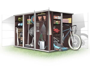 . The image shows a storage shed with various items organized inside. Here's a list of items visible:

1. Lawn mower
2. Bicycle
3. Watering can
4. Rake
5. Broom
6. Shovel
7. Potted plants
8. Balls
9. Bags of soil or fertilizer
10. Boxes
11. Plastic bins
12. Child’s toy car
13. Folded garden chair or lounge chair
14. Replacement handles or stakes

The shed is open, revealing the neatly arranged contents.