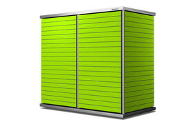 The image shows a green, modern-style storage cabinet or garden shed with horizontal lines. It has two doors and a flat top. The design appears sleek and is suitable for outdoor use.