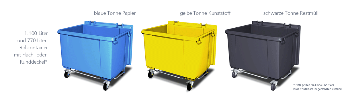 Drei Rollcontainer: blaue Tonne für Papier, gelbe für Kunststoff, schwarze für Restmüll. 770/1.100 Liter.
