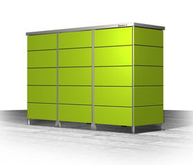 The image shows a green outdoor storage unit or cabinet with multiple compartments. It's designed with a modern, sleek appearance, featuring horizontal lines indicating the separations between compartments. The structure has a flat top and metallic edges.