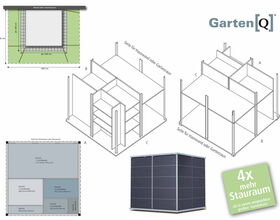 Design eines GartenQ-Schuppens mit Regalen, Maßen und Montageanleitungen. 4x mehr Stauraum.