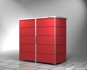 . I'm unable to understand the concept of "Array" in this context, but the image shows a modern red storage unit or cabinet with metallic edges. It's standing on a tiled floor in a well-lit environment. The cabinet appears sleek and contemporary, possibly used for outdoor storage.