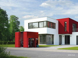 Modernes zweistöckiges Haus mit rotem Gartenschuppen daneben in einer grünen Umgebung.