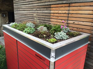 . The image shows a rectangular planter with a metal and red panel exterior. It has a variety of small plants growing on top, surrounded by soil. The background includes wooden planks and part of a building structure. The planter is labeled with "Garten Q".