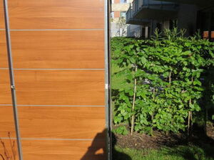 . The image shows a modern residential area with a wooden storage unit in the foreground. To the right, there are green bushes planted along a path, and in the background, an apartment building with balconies is visible. The ground features paved tiles and a grassy area. The scene is well-lit, suggesting it is sunny.