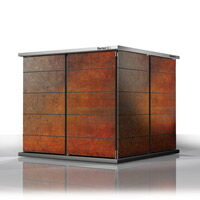 The image shows a cube-shaped structure made of panels that have a brownish, rusty texture. It appears to be an enclosure or a modular unit.