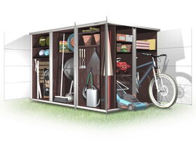 . This image shows a storage shed with its doors open, revealing various items inside. Here’s a list of what's visible:

1. Garden tools (rakes, hoes, etc.).
2. A lawnmower.
3. A bicycle.
4. A watering can.
5. Planter pots.
6. Sports equipment (such as balls).
7. Gardening supplies.
8. A hose and reel.
9. Shelving with boxes and supplies.
10. A child's toy car.

The shed is organized with multiple compartments and items are neatly arranged.