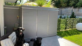 . Zwei schwarze Hunde im Garten neben Metallschuppen, einer mit Fußball auf einer Bank.