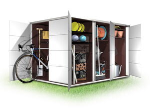 . The image depicts a shed or storage unit with open doors, displaying various items inside. Here's a detailed list in array format:

- Bicycle
- Shovel
- Bags labeled "Holzkohle" (charcoal)
- Sports equipment (balls)
- Outdoor tools (rakes, hoes)
- Watering can
- Flower pots
- Garden hose
- Garden tools (broom, spade)
- Various storage containers and boxes

These items are organized on shelves within the unit.