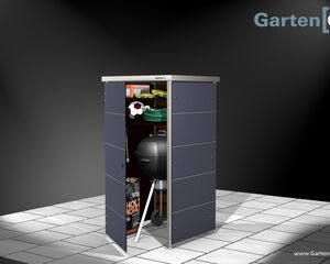 . The image depicts a storage cabinet with the doors partially open. Inside the cabinet, there is:

- A soccer ball
- Gardening tools (possibly hose and other items)
- A barbecue grill
- A bag of charcoal

The cabinet is placed on a tiled floor, and there is a logo and website URL for "Garten-Q" visible.