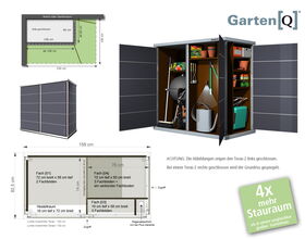 GartenQ Teras-2 Schrank, 4x mehr Stauraum, Maße: 158x159x82,5 cm, mit Regalen für Gartengeräte und Zubehör.