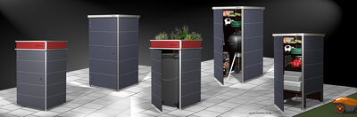The image shows a series of outdoor storage units of various types. These units have metal or hard material exteriors and come in different configurations. Some units have open doors revealing stored items such as trash bins, gardening equipment, a barbecue grill, and other outdoor supplies. One unit has plants growing on top. The setting appears to be on a tiled patio, and there's also a robotic lawn mower on the grass.