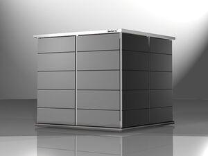 . The image shows a modern, sleek outdoor storage unit with a minimalist design. It has a flat roof and smooth surface panels, possibly made of metal or another durable material. The structure is likely used for storing garden tools or other outdoor equipment.