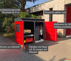 . The image features a large, outdoor storage structure with the following labeled elements:

1. **Dachbegrünungsmodul**: A green roof module for planting, with a planting depth of up to 9 cm.
2. **Einwurf für gelben Sack**: A slot for depositing yellow bags.
3. **Mülltonnen bis 240 L beliebig erweiterbar**: Space for garbage bins up to 240 liters, with expandable capacity.
4. **Briefkasten aus Edelstahl**: A mailbox made of stainless steel.
5. **Paketbox und Regal z.B. für Leergut und Altpapier**: A package box and shelf for items such as returnable goods and old paper.