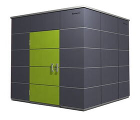 The image shows a modern shed with a sleek design. It has a dark gray exterior and features a contrasting bright green door. The structure has a clean, contemporary look, possibly made of metal or composite panels, with a double door in the front.