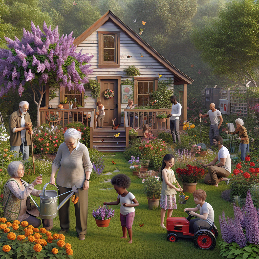 Ein Haus umgeben von Menschen und Blumen, die gärtnern und Pflanzen pflegen.