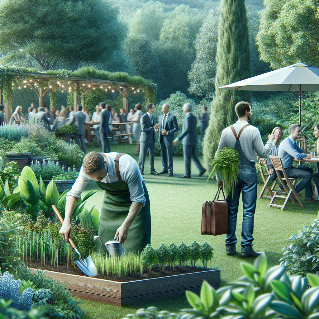 Ein Gärtner arbeitet im Garten, während im Hintergrund Menschen bei einer Veranstaltung im Freien stehen und sitzen.
