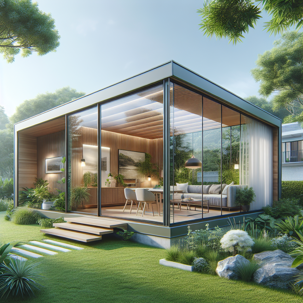 Modernes Glashaus mit stilvoller Inneneinrichtung, umgeben von grüner Landschaft und Garten.