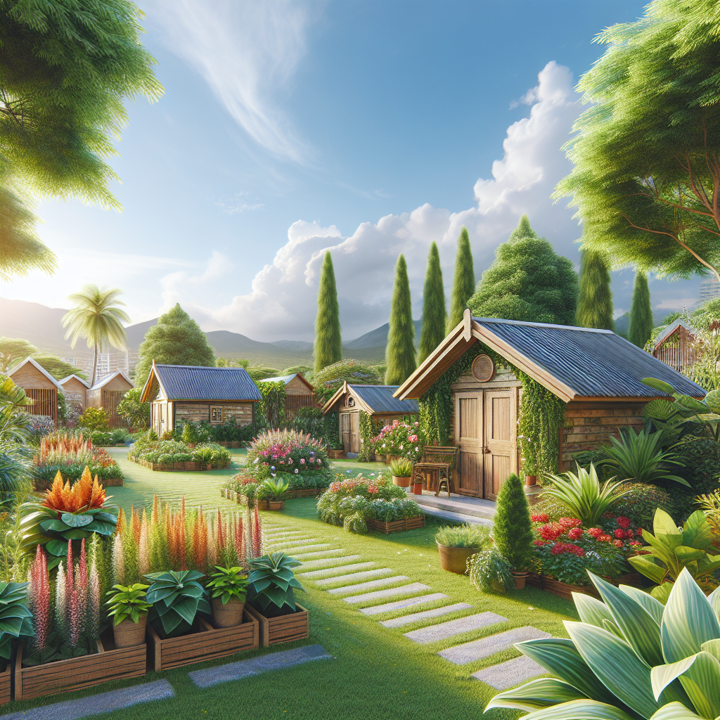 Gärten mit Holzbungalows, Pflanzenbeeten, Palmen und Bergen im Hintergrund unter klarem Himmel.