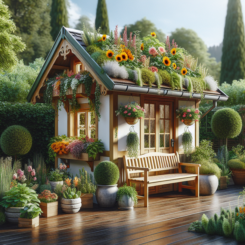Ein kleines Gartenhaus mit Blumen auf dem Dach und einer Holzbank davor, umgeben von Pflanzen und Bäumen.