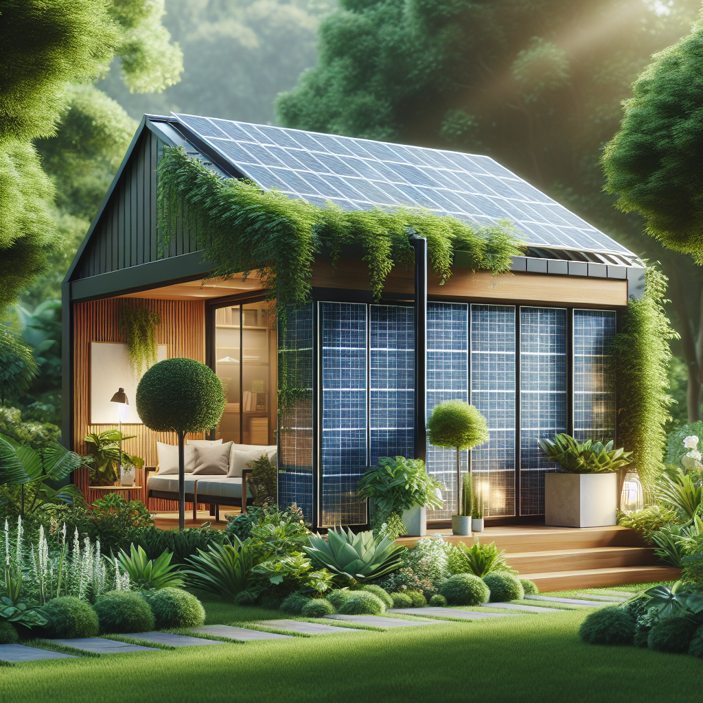 Ein modernes, kleines Haus mit Solarpanels und Pflanzen auf dem Dach, umgeben von üppigem Grün im Garten.