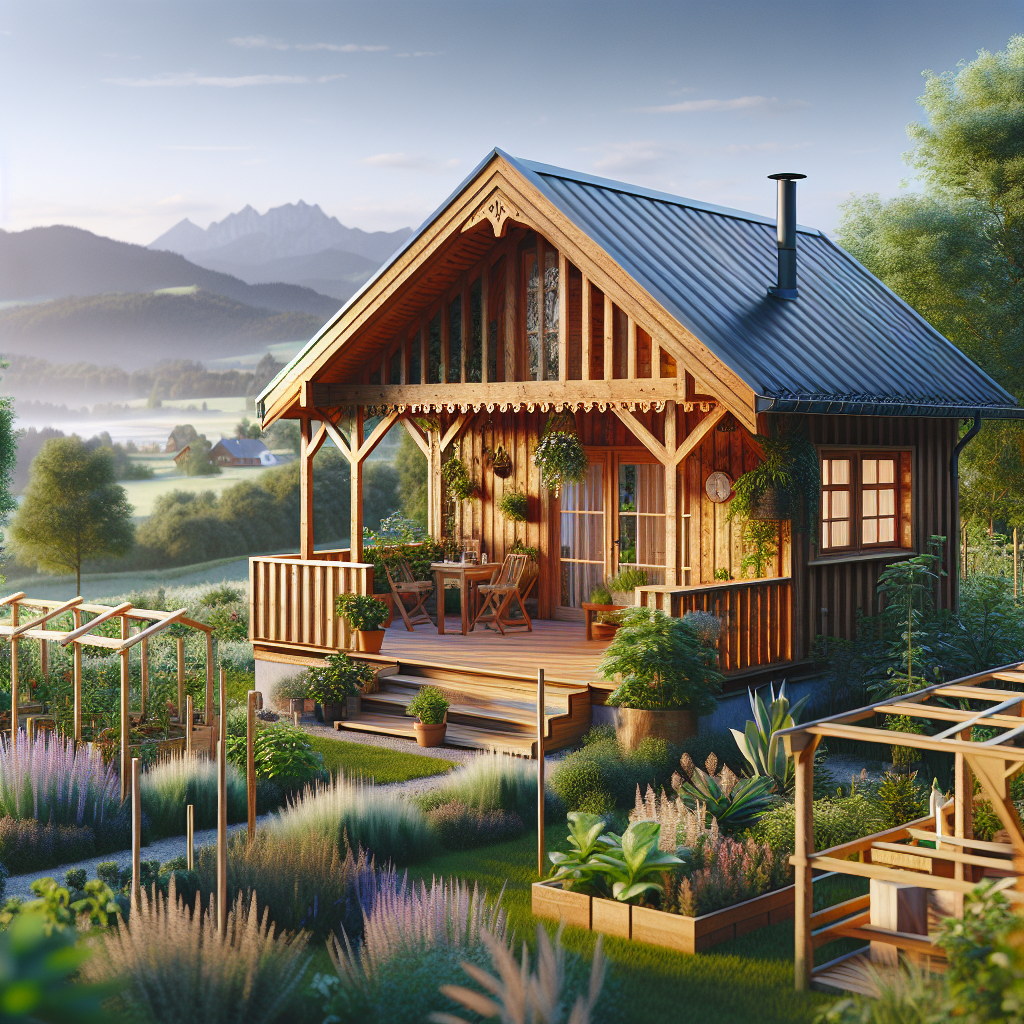 Eine gemütliche Berghütte mit Veranda im Garten, umgeben von Pflanzen und Bäumen, mit Bergen im Hintergrund.