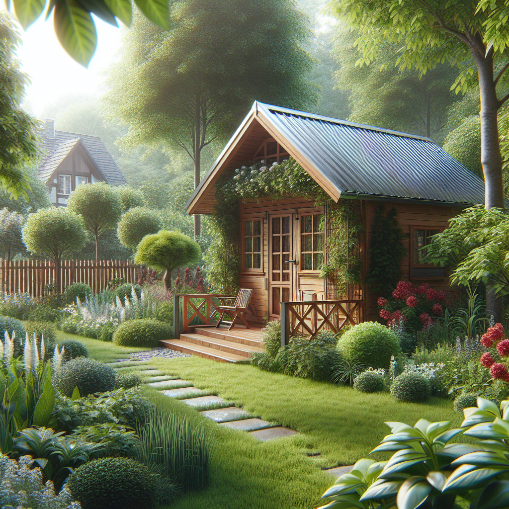 Ein gemütliches Holzhaus im Garten, umgeben von Bäumen, Büschen und Blumen mit einem Pfad und Sonnenschein.