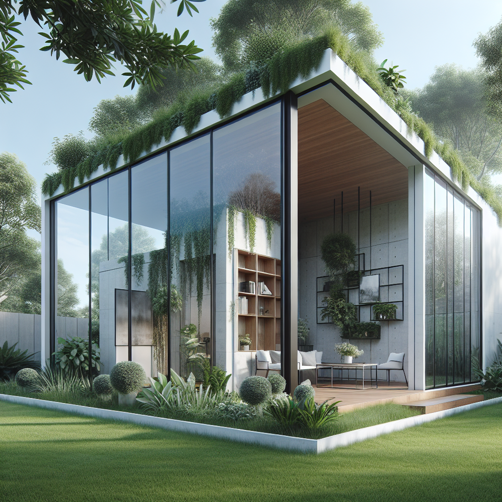 Modernes Haus mit Glaswänden und Dachbegrünung, umgeben von üppiger Vegetation.