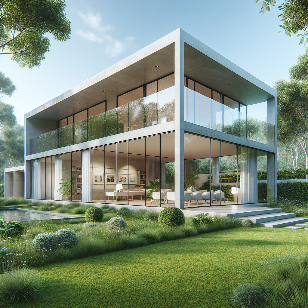 Modernes zweistöckiges Glashaus mit Grünanlage, großen Fenstern und minimalistischer Architektur.