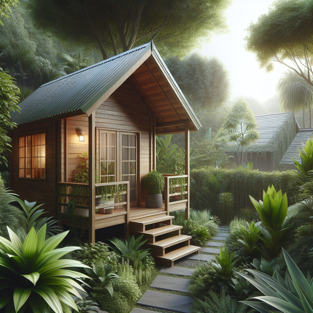 Ein kleines Holzhaus im dichten Wald, umgeben von üppigen Pflanzen und strahlendem Sonnenlicht.