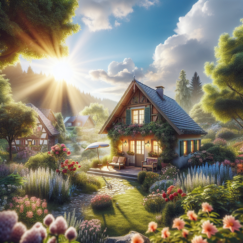 Kleines Haus im Garten, Sonnenstrahlen durch Bäume, Blumen und lichtdurchflutete Umgebung, idyllische Szenerie.